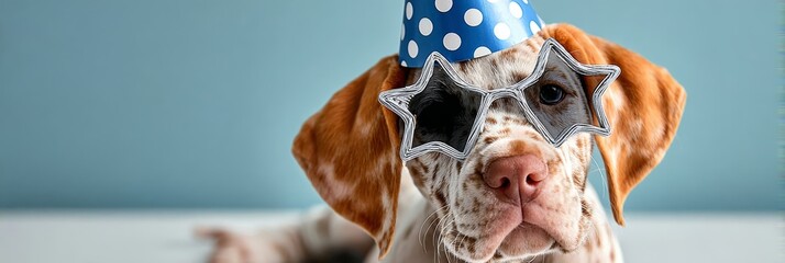 Charming puppy dressed in festive party attire, radiating joy and playfulness in a vibrant setting.