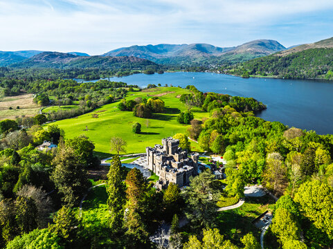 Wray Castle from a drone, Lake Windermere, Ambleside , Lake District, Cumbria, England