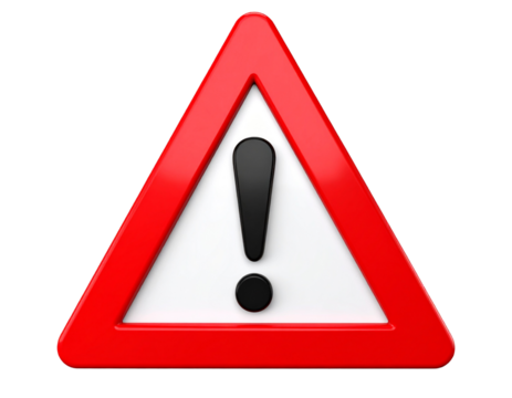 Red and white warning triangle with exclamation mark isolated on transparent background PNG