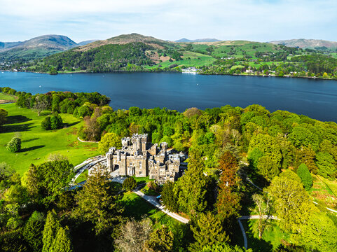 Wray Castle from a drone, Lake Windermere, Ambleside , Lake District, Cumbria, England