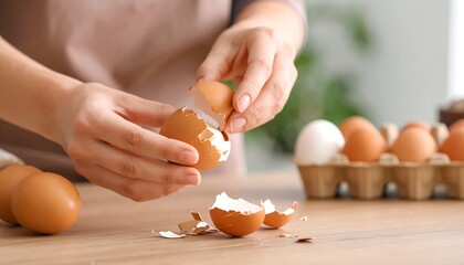 Woman cracking egg kitchen counter