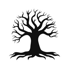 Black silhouette of a full tree with extensive roots