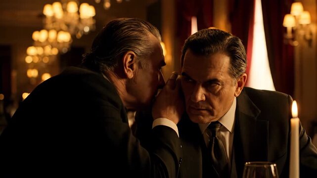 Two men in suits engage in a secretive conversation in a dimly lit, elegant restaurant setting, surrounded by candlelight and chandeliers, creating a mysterious and tense atmosphere during an