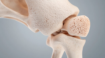 High resolution radiological image showing close up of human hip joint, highlighting intricate bone structure and texture