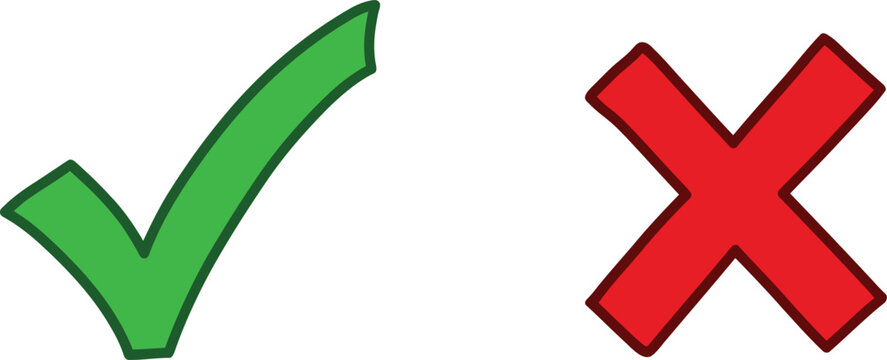 Green check mark and red x symbols isolated on transparent background