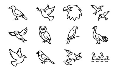 Set of bird line icons including dove, eagle, owl, parrot, peacock, and flying birds isolated on white background
