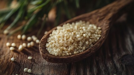 Hemp seeds in a hand carved spoon on a rustic wooden table