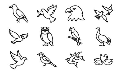 Set of bird line icons including dove, eagle, owl, parrot, peacock, and flying birds isolated on white background