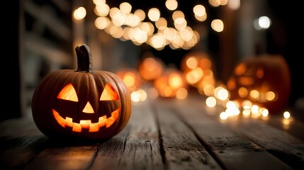 Ein leuchtender Halloween K&uuml;rbis auf einer Holz Veranda.