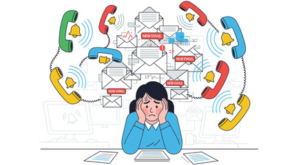 Obraz premium Overwhelmed woman at desk bombarded by emails and phone calls.
