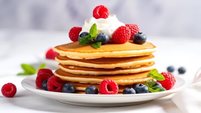 Pancakes with berries with whipped cream.