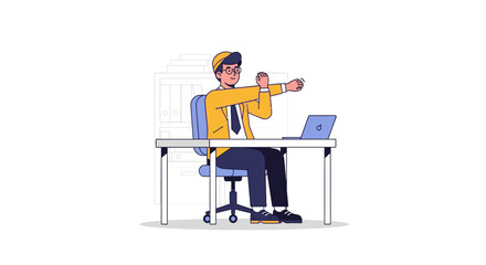 Vector illustration of an engineer taking a break to stretch his arms at the office desk. Concept of workplace wellness, ergonomics, and stress relief