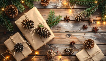 Rustic Christmas Gifts with Pine Cones and Twinkling Lights