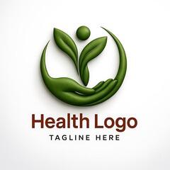 3D Health and Wellness Logo with Leaf Figure, Hand, and Circular Swoosh Design