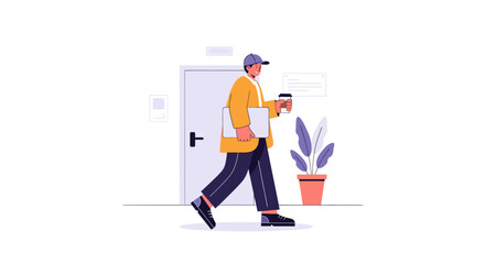 Person Walking with Coffee and Laptop Illustration