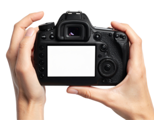 Person holding a camera with blank white screen isolated on transparent background PNG