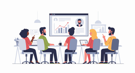 Diverse group of professionals collaborating on a business strategy concept during a presentation with data analysis