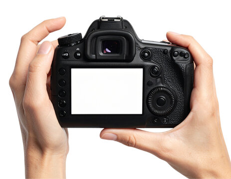 Person holding a camera with blank white screen isolated on transparent background PNG