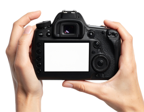 Person holding a camera with blank white screen isolated on transparent background PNG
