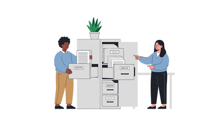 Diverse colleagues working as a team on file archiving and document storage. Flat vector illustration of business organization and data management