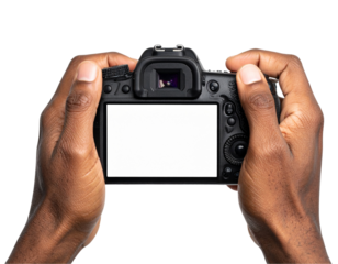 Photographer holding camera with empty white LCD screen isolated on transparent background PNG