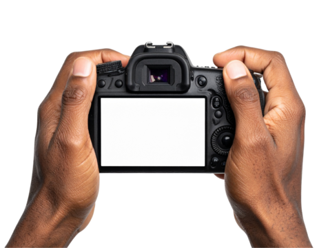 Photographer holding camera with empty white LCD screen isolated on transparent background PNG - Powered by Adobe
