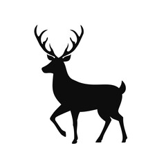 Black Silhouette of a Walking Deer with Antlers on White Background