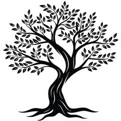 Silhouette of a leafy tree with a twisted trunk and widespread roots stands © Kabbo