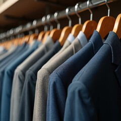 Obraz premium Row of men suits on hangers, offering pro garment care concept. Assorted attire includes jackets, shirts, pants, and dresses. Focus on fabric upkeep and professional cleaning services.