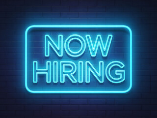 Now hiring vibrant neon sign against a dark brick wall for your business recruitment campaign today