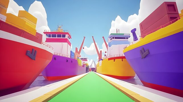 Cargo ships docking at port vibrant harbor 3d render bright day aerial view maritime industry