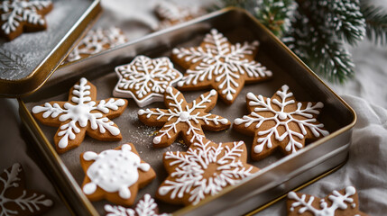 Christmas snowflake cookies in festive tin with greenery
