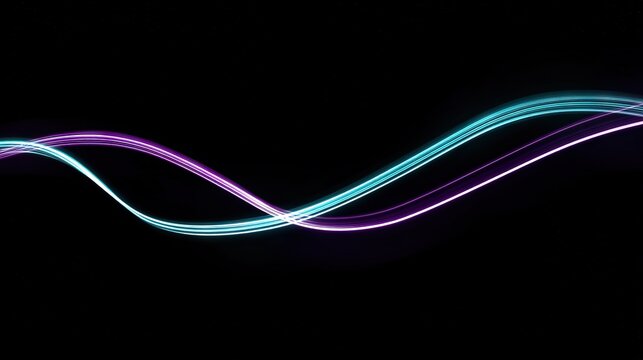 Two parallel neon waves in purple and cyan crossing in smooth curves on black background, abstract futuristic light design perfect for tech visuals.