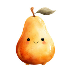 Adorable Smiling Pear With Watercolor Texture And Cartoon Style Isolated
