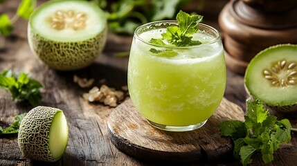 Herbal juice with melon or bitter gourd on wooden background