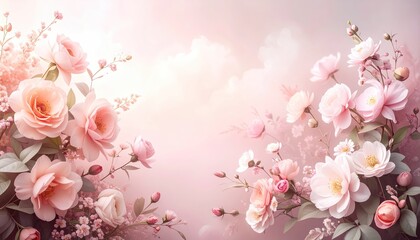 Floral Arrangement of Pink and White Roses on a Soft Pastel Sky Background with Subtle Light Flares Around The Edges Creating a Romantic Ambiance