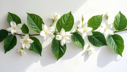 Obraz premium Floral Arrangement Featuring White Star Shaped Flowers and Green Leaves on White Background with Sunlight