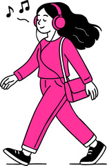 flat vector design ilustration woman headphones listening to music