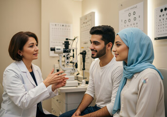 optometrist discussing health with young muslim couple in clinic. eye examination equipment in background. healthcare, medical consultation, patient care, ophthalmology, doctor consulting