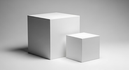 Two simple white cubes create a clean and modern presentation display.
