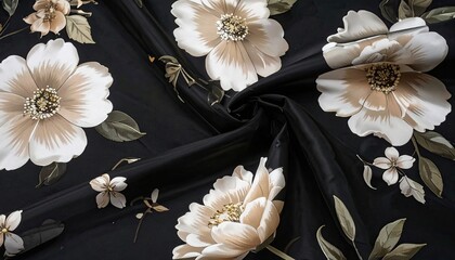 Floral Fabric Texture with White and Beige Flowers on Black Background for Textile Design and Apparel Manufacturing Macro Close Up