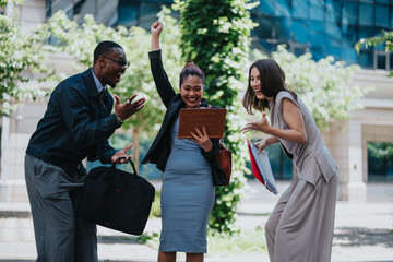 Three business people excitedly celebrate success outdoors, conveying a positive and dynamic atmosphere.