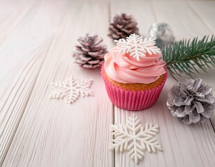 Naklejka premium Christmas background. Top view of pink glazed cupcake with sugar snowflakes decoration on white wooden background. Generated image
