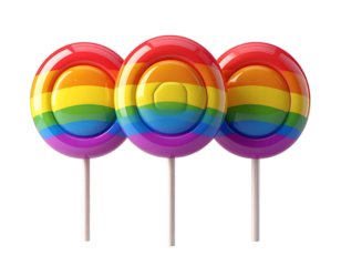 Minimalist trio of rainbow lollipops isolated on transparent background PNG