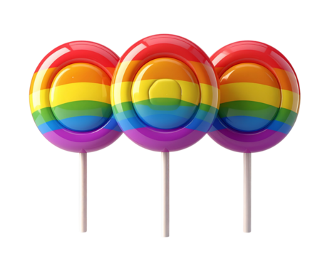 Minimalist trio of rainbow lollipops isolated on transparent background PNG