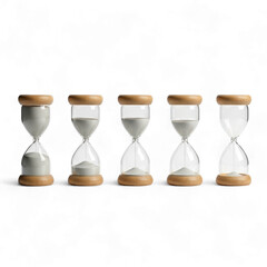Five small wooden and glass hourglasses lined up showing different time intervals isolated isolated on transparent background