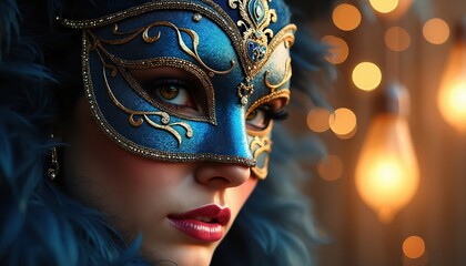 Elegant woman wears ornate blue, gold Mardi Gras mask with feathered trim. Festive celebration illustration features dramatic makeup, mysterious allure, bokeh lights. Perfect for masquerade, holiday,