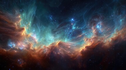 Obraz premium A vibrant cosmic nebula filled with swirling clouds of vibrant purple, pink, and blue, interspersed with scattered stars