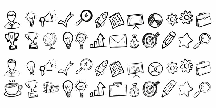 Collection of hand drawn business icons and symbols for startup and success concepts