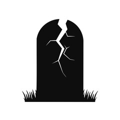 Cracked tombstone silhouette with grass on white background